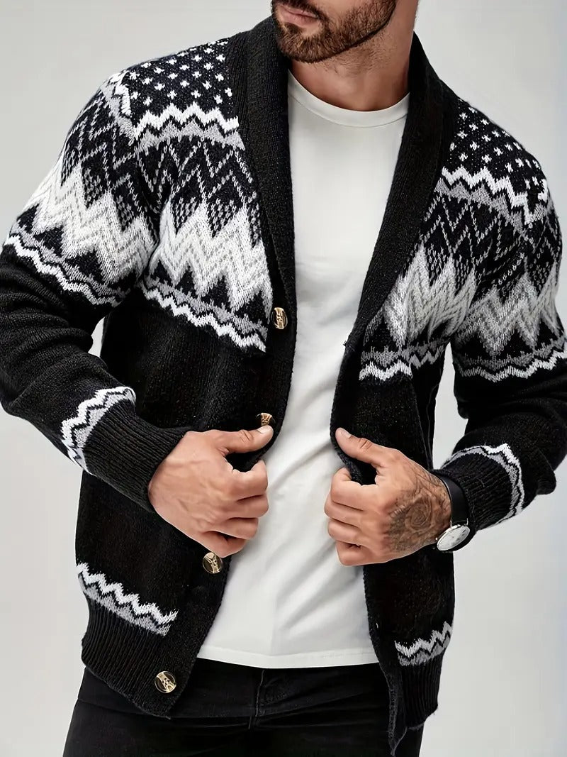 Men’s Nordic Pattern Button-Up Knit Cardigan – Winter Shawl Collar Sweater