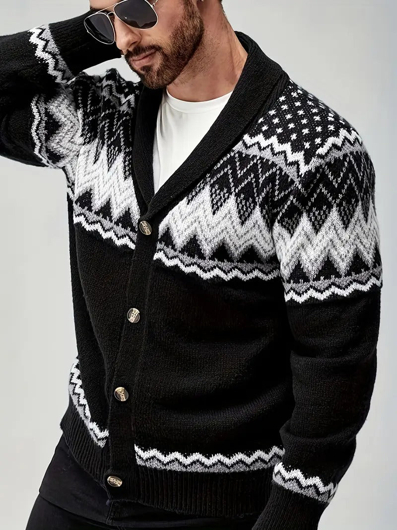Men’s Nordic Pattern Button-Up Knit Cardigan – Winter Shawl Collar Sweater