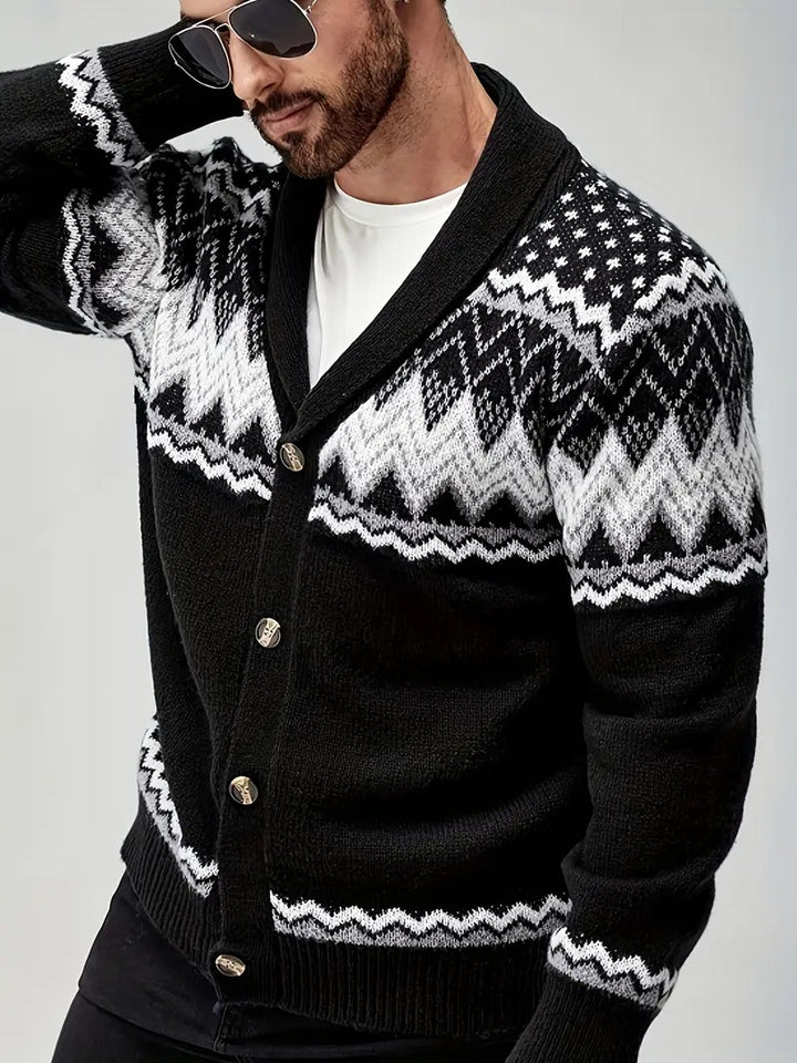 Men’s Nordic Pattern Button-Up Knit Cardigan – Winter Shawl Collar Sweater