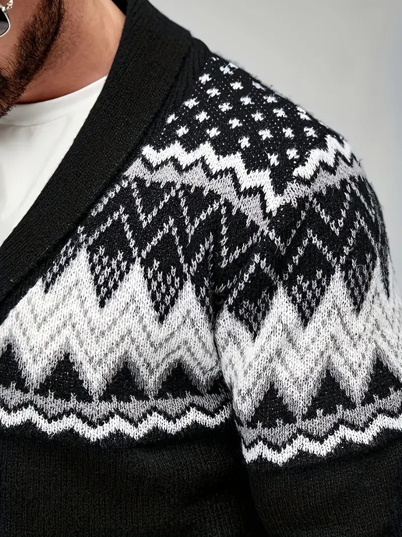 Men’s Nordic Pattern Button-Up Knit Cardigan – Winter Shawl Collar Sweater