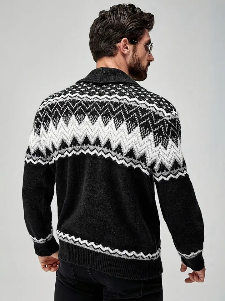 Men’s Nordic Pattern Button-Up Knit Cardigan – Winter Shawl Collar Sweater
