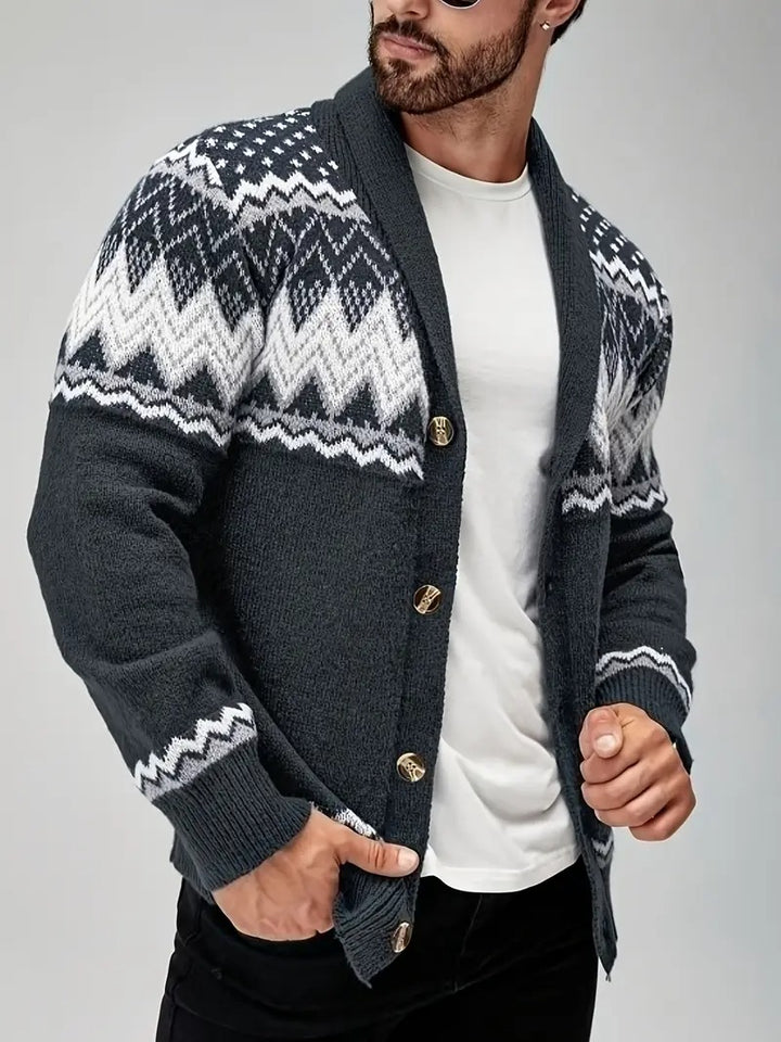 Men’s Nordic Pattern Button-Up Knit Cardigan – Winter Shawl Collar Sweater