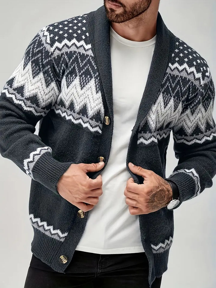Men’s Nordic Pattern Button-Up Knit Cardigan – Winter Shawl Collar Sweater