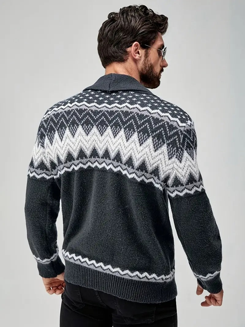 Men’s Nordic Pattern Button-Up Knit Cardigan – Winter Shawl Collar Sweater