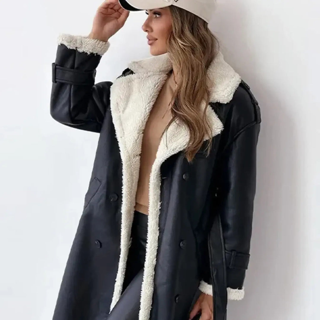 Women’s Long Faux Leather Coat – Fleece-Lined Double-Breasted Style