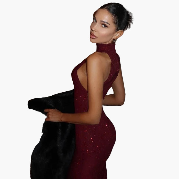 Women’s Shimmering High Neck Maxi Dress
