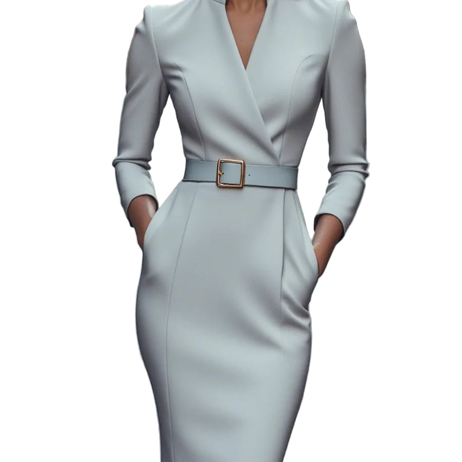 Women’s Belted Mandarin Collar Sheath Dress