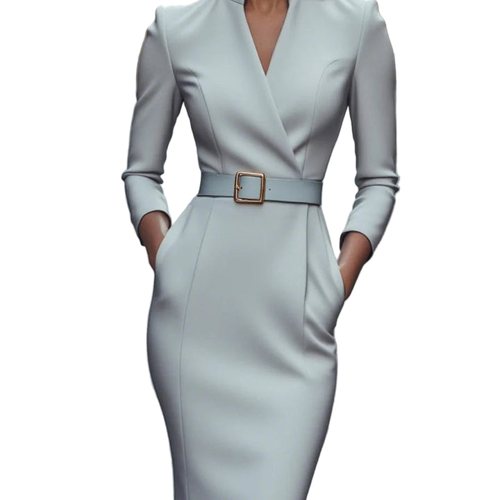Women’s Belted Mandarin Collar Sheath Dress
