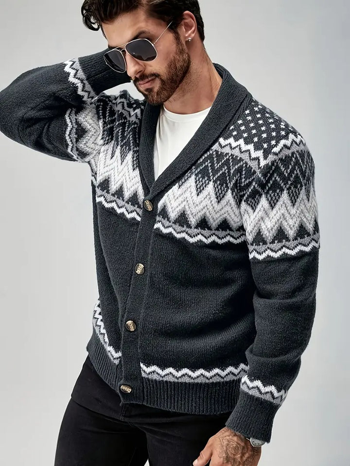 Men’s Nordic Pattern Button-Up Knit Cardigan – Winter Shawl Collar Sweater