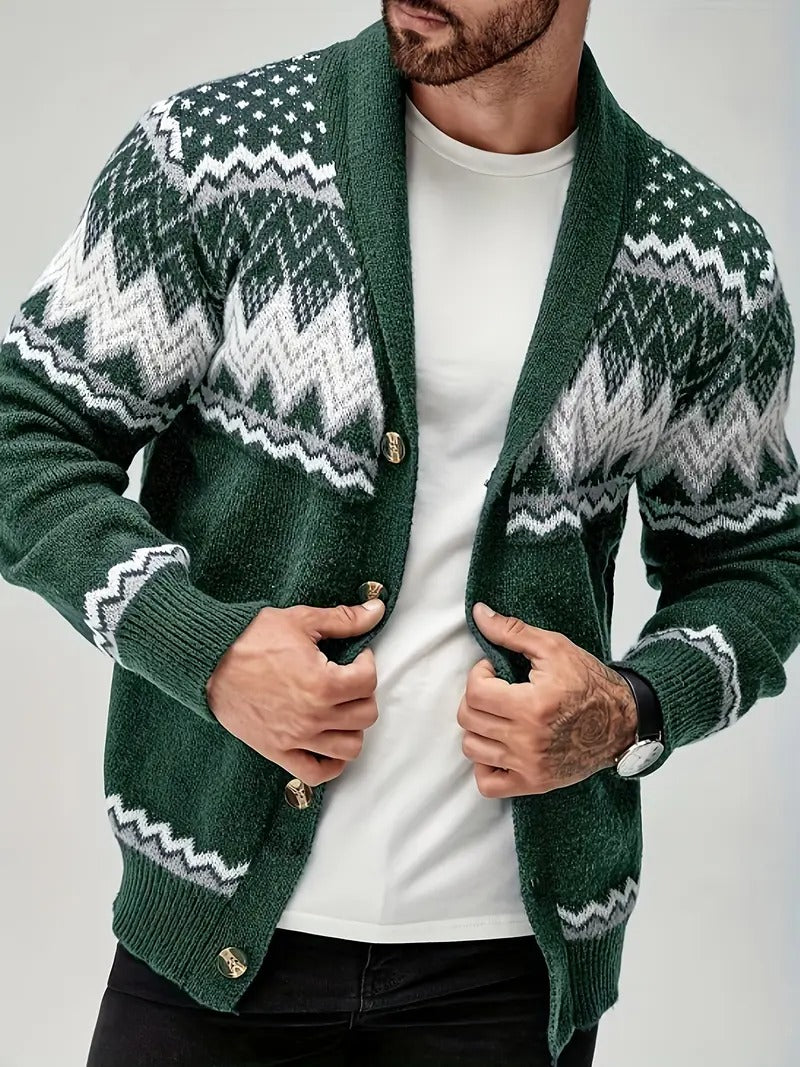 Men’s Nordic Pattern Button-Up Knit Cardigan – Winter Shawl Collar Sweater