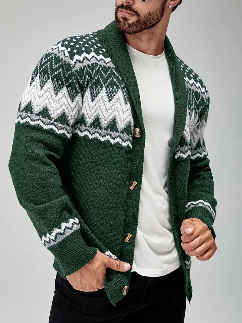 Men’s Nordic Pattern Button-Up Knit Cardigan – Winter Shawl Collar Sweater