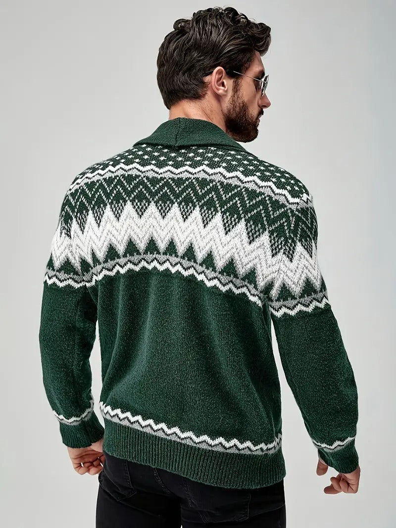 Men’s Nordic Pattern Button-Up Knit Cardigan – Winter Shawl Collar Sweater