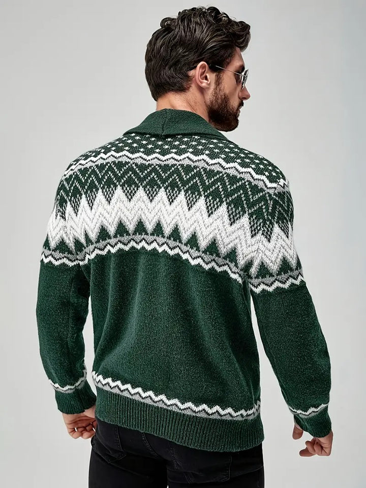 Men’s Nordic Pattern Button-Up Knit Cardigan – Winter Shawl Collar Sweater