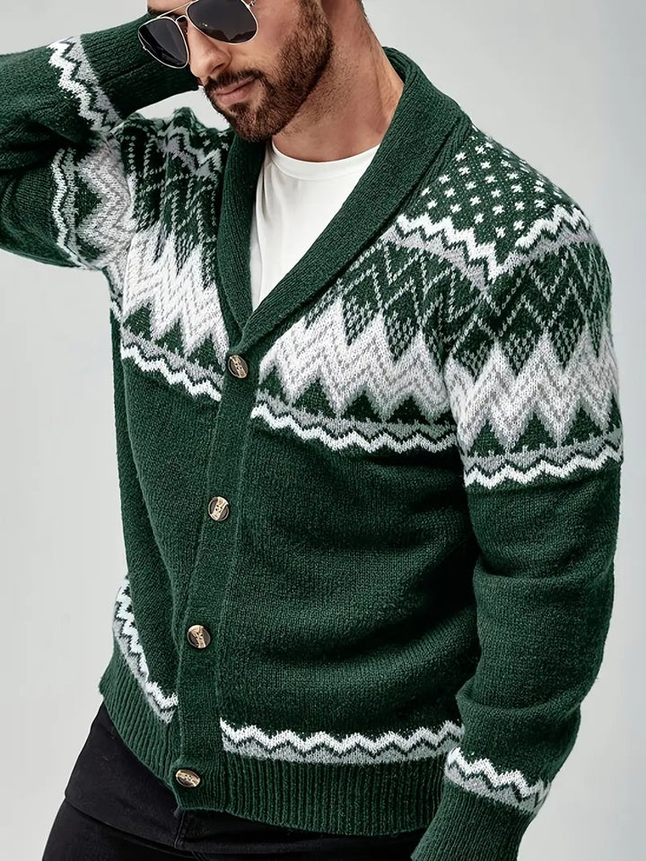 Men’s Nordic Pattern Button-Up Knit Cardigan – Winter Shawl Collar Sweater
