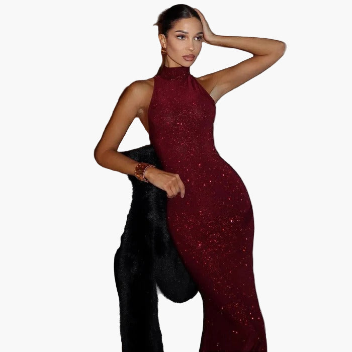 Women’s Shimmering High Neck Maxi Dress