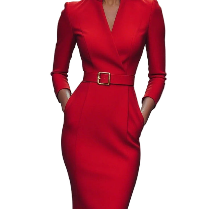 Women’s Belted Mandarin Collar Sheath Dress
