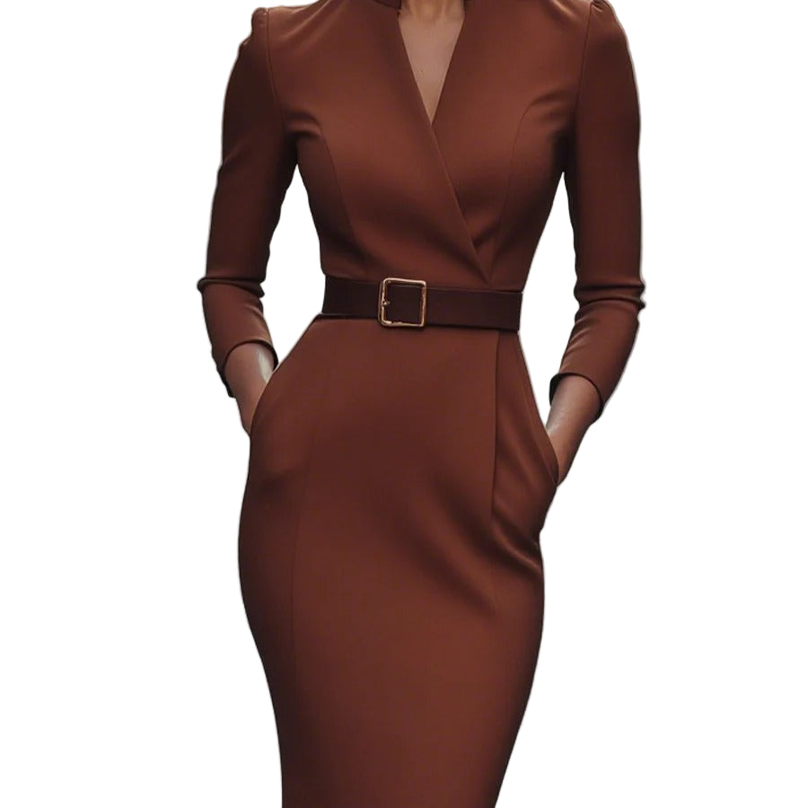 Women’s Belted Mandarin Collar Sheath Dress