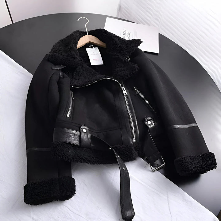 Women’s Shearling-Lined Aviator Jacket – Zip Front & Belted Hem