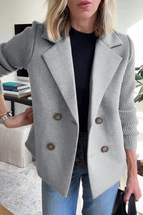 Women’s Chic Knit-Sleeve Double-Breasted Jacket – Casual Soft Short Coat