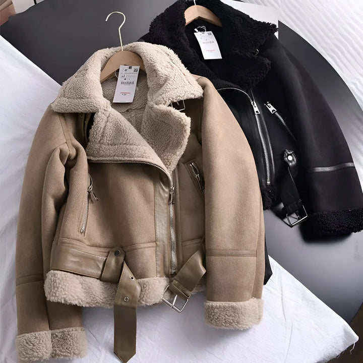 Women’s Shearling-Lined Aviator Jacket – Zip Front & Belted Hem