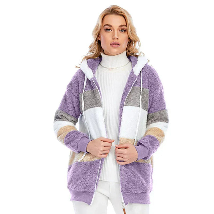 Women’s Colour Block Zip Hoodie – Soft Sherpa Winter Jacket