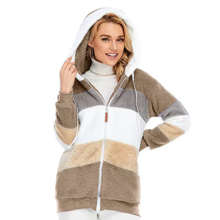 Women’s Colour Block Zip Hoodie – Soft Sherpa Winter Jacket