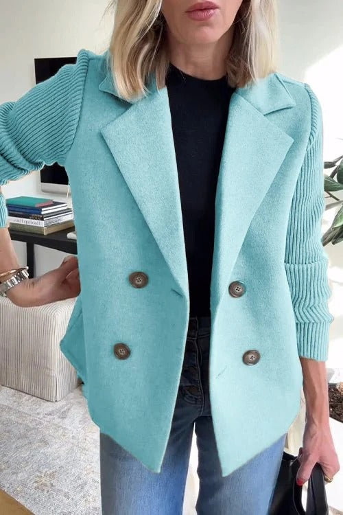 Women’s Chic Knit-Sleeve Double-Breasted Jacket – Casual Soft Short Coat