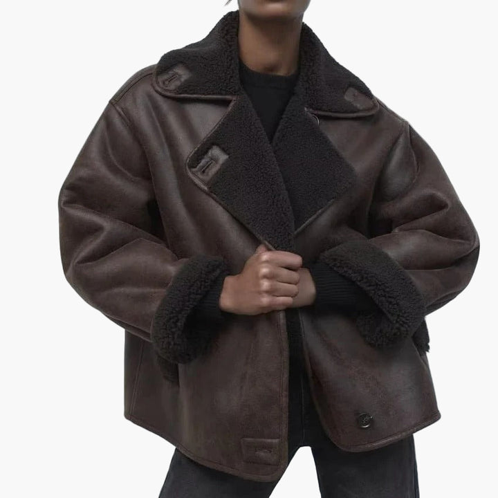 Women’s Shearling-Lined Faux Leather Jacket – Oversized Collar Short Coat