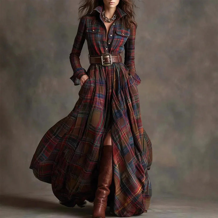 Women’s Vintage Plaid Long Maxi Shirt Dress