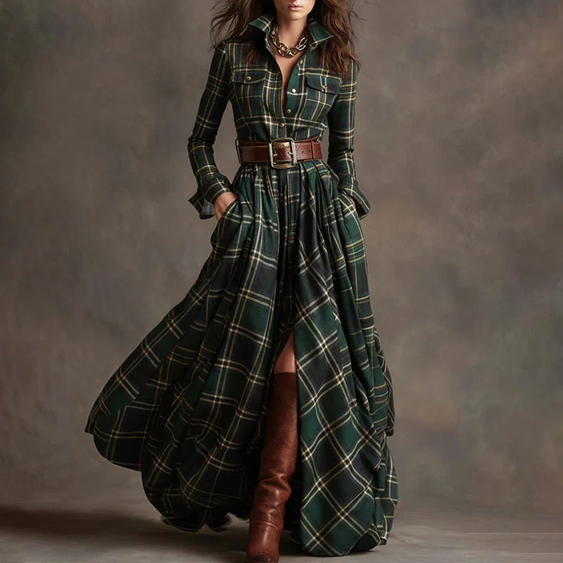 Women’s Vintage Plaid Long Maxi Shirt Dress