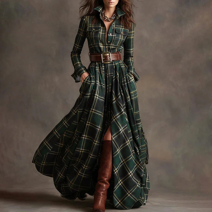 Women’s Vintage Plaid Long Maxi Shirt Dress