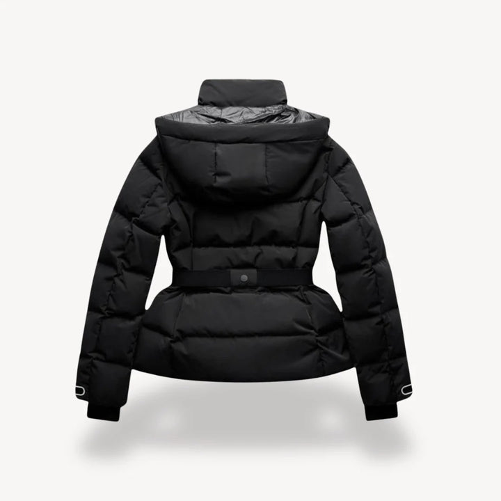 Women’s Black Waterproof Belted Puffer Jacket – High Collar Winter Coat