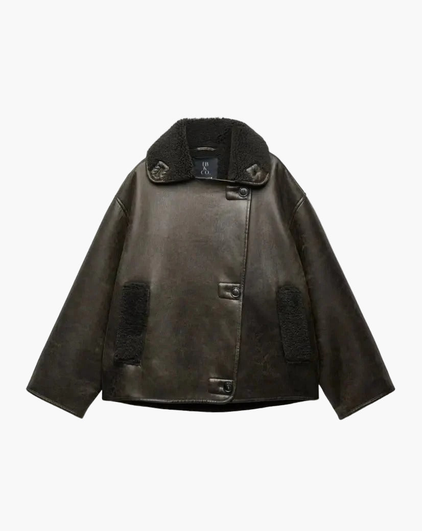 Women’s Shearling-Lined Faux Leather Jacket – Oversized Collar Short Coat