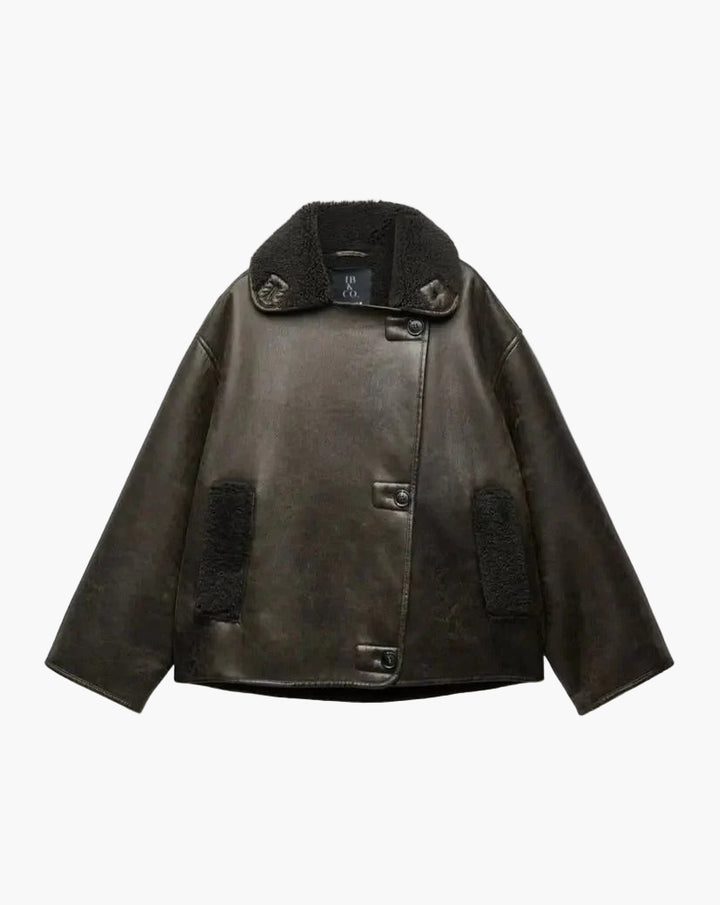 Women’s Shearling-Lined Faux Leather Jacket – Oversized Collar Short Coat