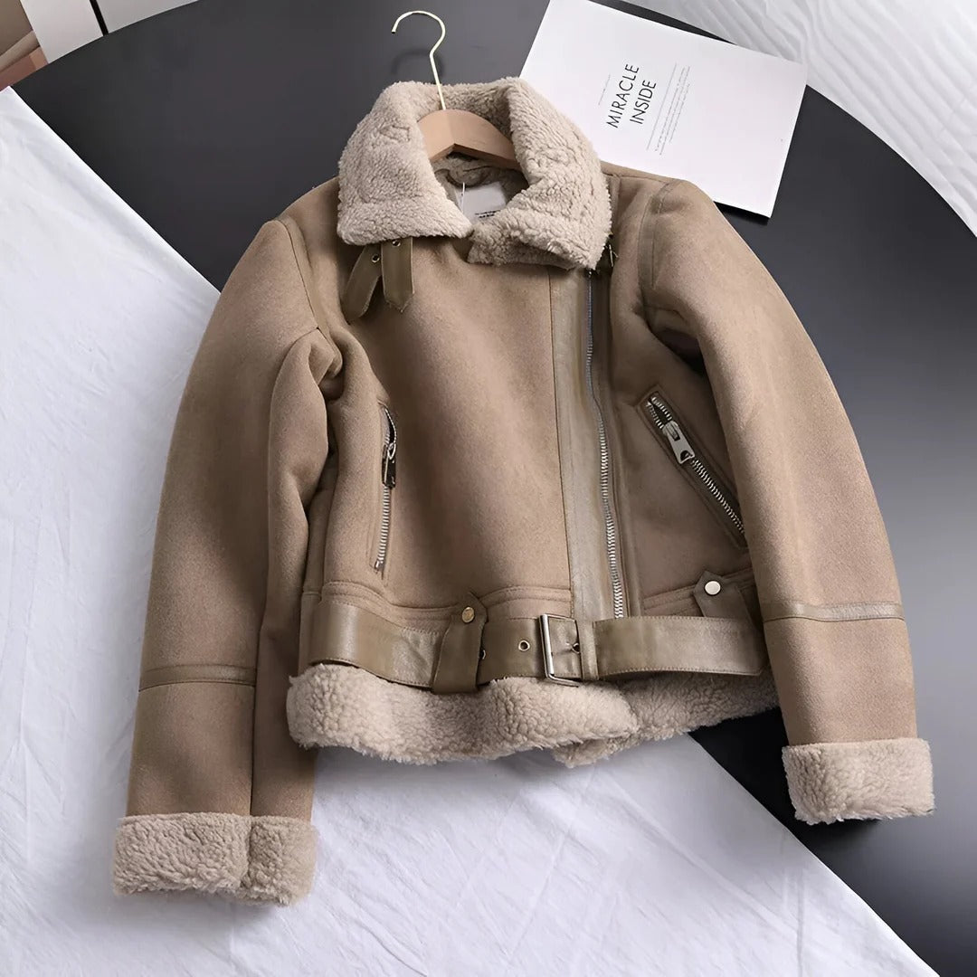 Women’s Shearling-Lined Aviator Jacket – Zip Front & Belted Hem
