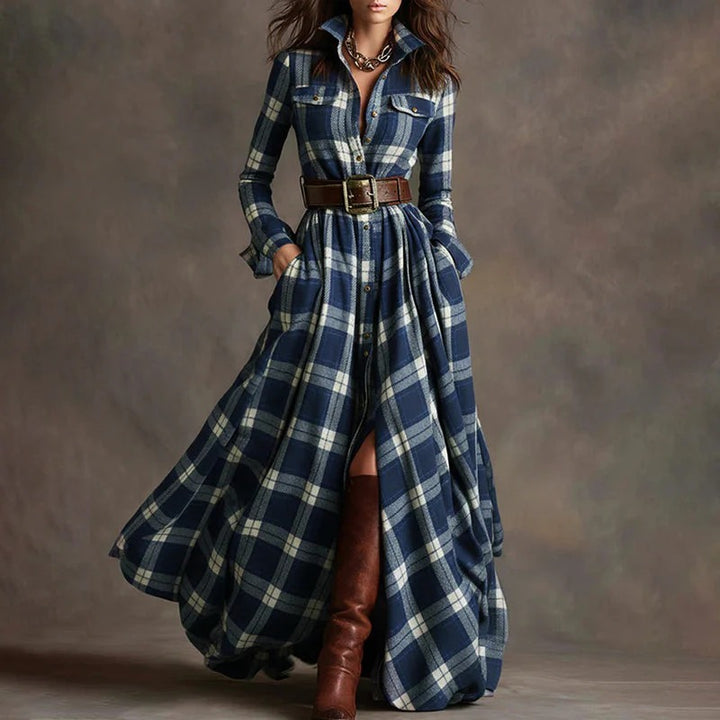 Women’s Vintage Plaid Long Maxi Shirt Dress