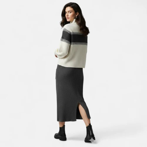 Women’s Two-Piece Colour-Block Knit Set – High-Neck Pullover & Split Midi Skirt