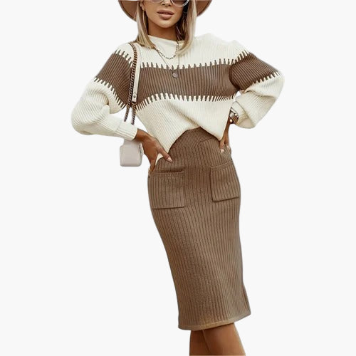 Women’s Two-Piece Colour-Block Knit Set – High-Neck Pullover & Split Midi Skirt