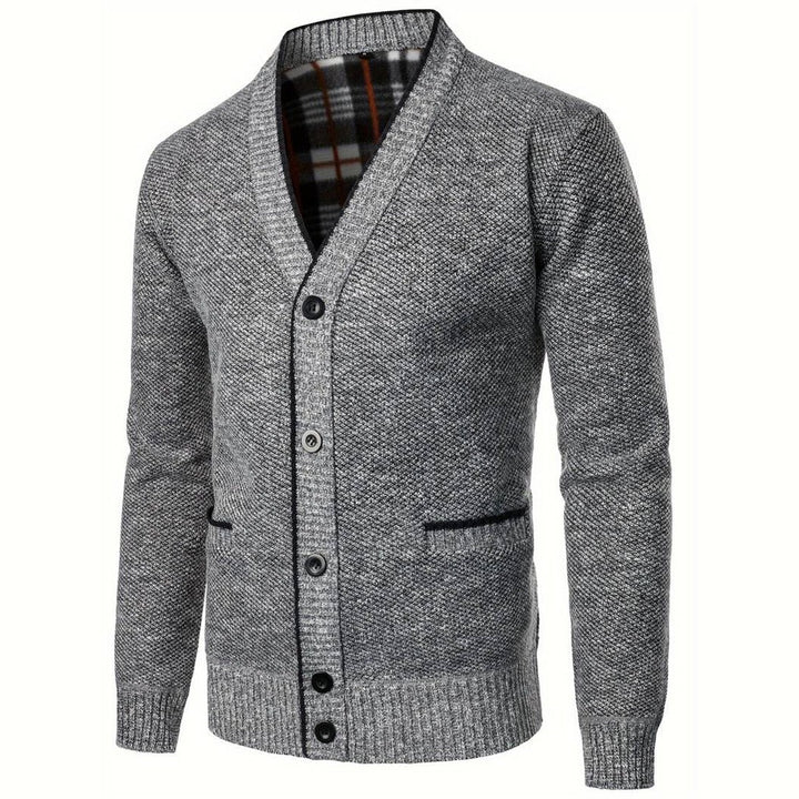 Men’s Heritage Plaid-Lined Knit Cardigan – Classic V-Neck Button-Up