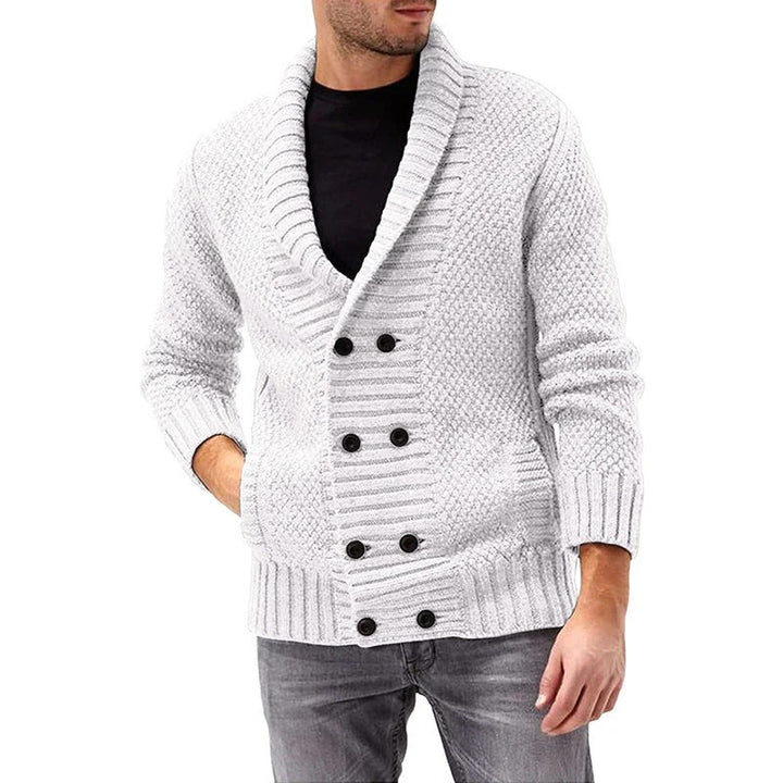 Men’s Double-Breasted Knit Cardigan – Textured Shawl Collar Sweater