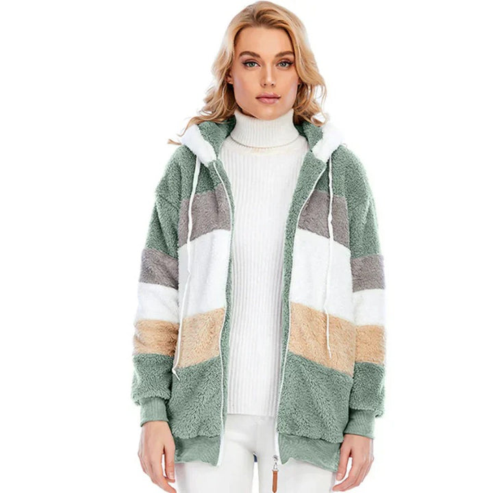 Women’s Colour Block Zip Hoodie – Soft Sherpa Winter Jacket