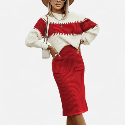 Women’s Two-Piece Colour-Block Knit Set – High-Neck Pullover & Split Midi Skirt