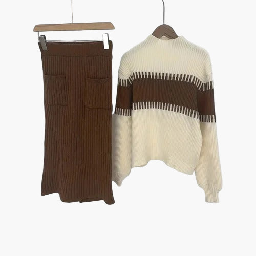 Women’s Two-Piece Colour-Block Knit Set – High-Neck Pullover & Split Midi Skirt