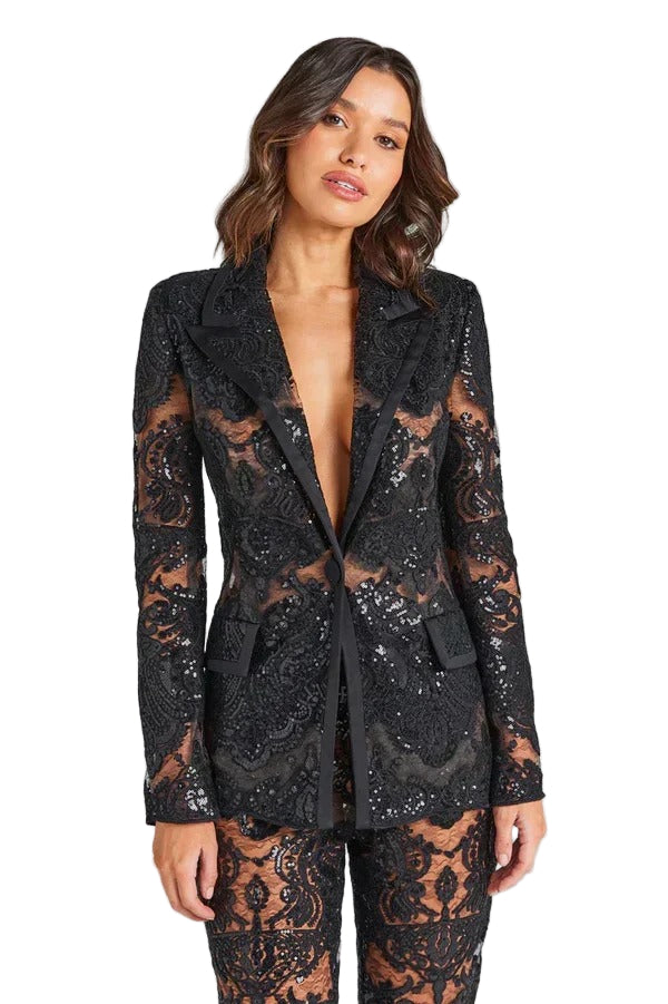 Women’s Sequin Lace Blazer and Trousers Set – Elegant Evening Ensemble