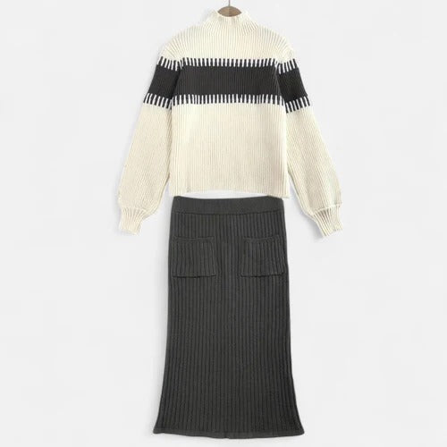 Women’s Two-Piece Colour-Block Knit Set – High-Neck Pullover & Split Midi Skirt