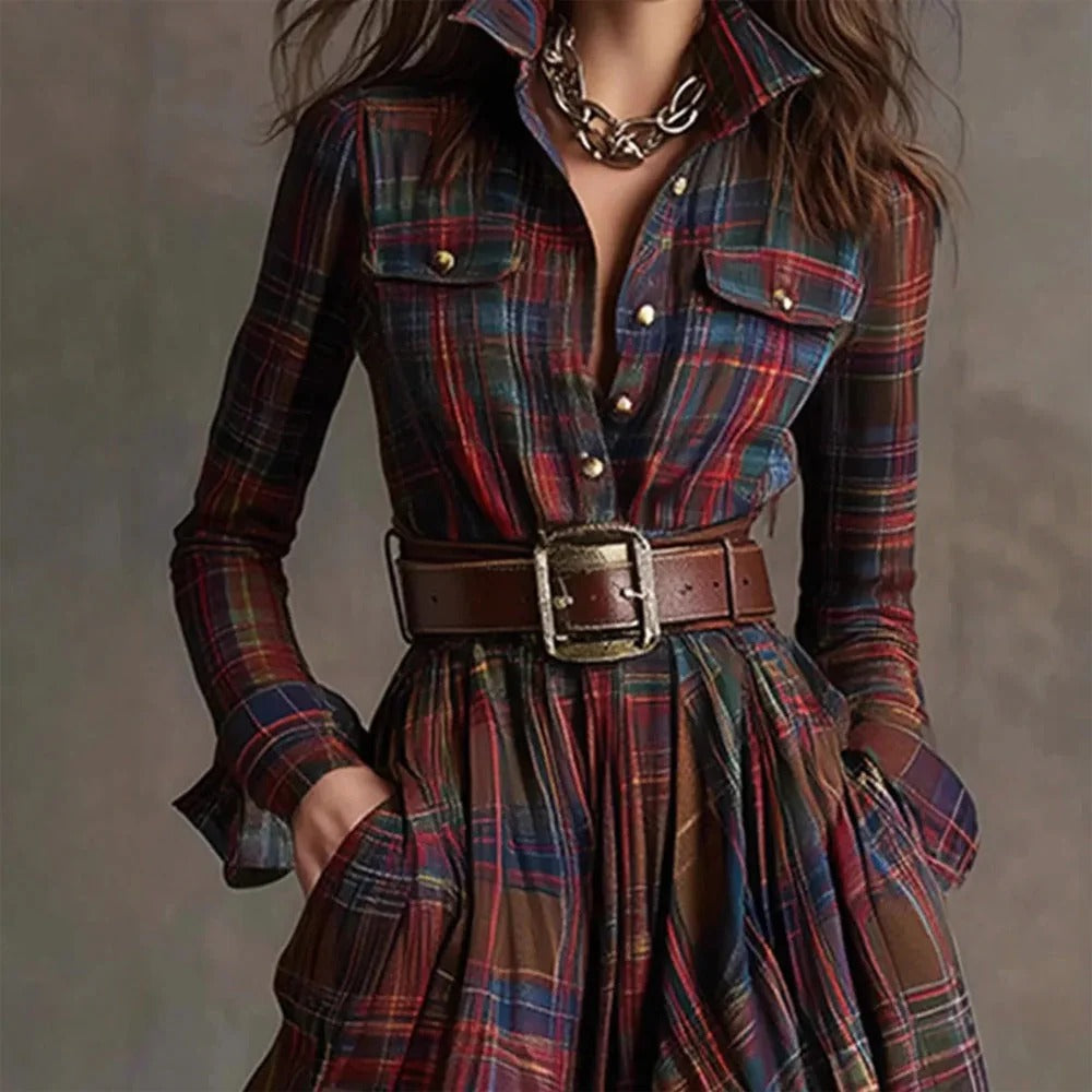 Women’s Vintage Plaid Long Maxi Shirt Dress