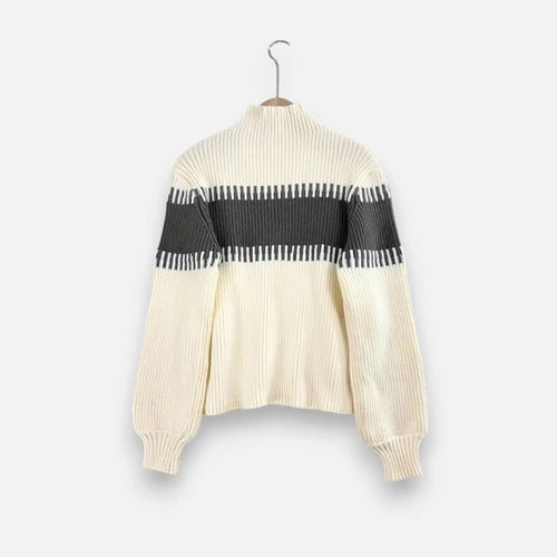 Women’s Two-Piece Colour-Block Knit Set – High-Neck Pullover & Split Midi Skirt