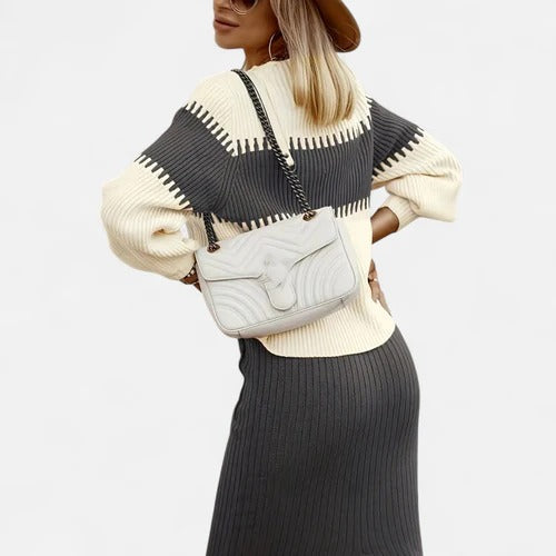 Women’s Two-Piece Colour-Block Knit Set – High-Neck Pullover & Split Midi Skirt