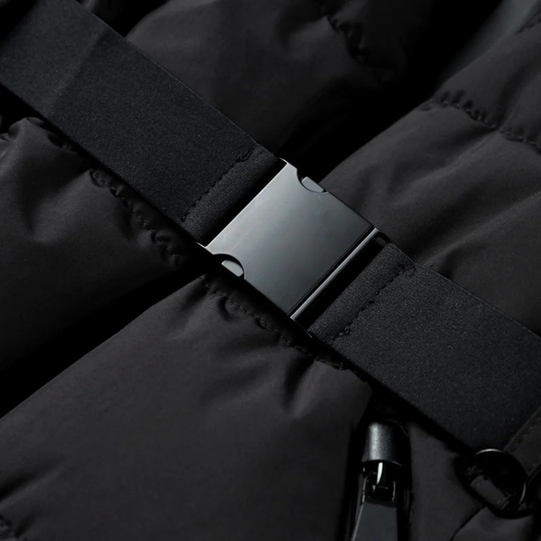 Women’s Black Waterproof Belted Puffer Jacket – High Collar Winter Coat