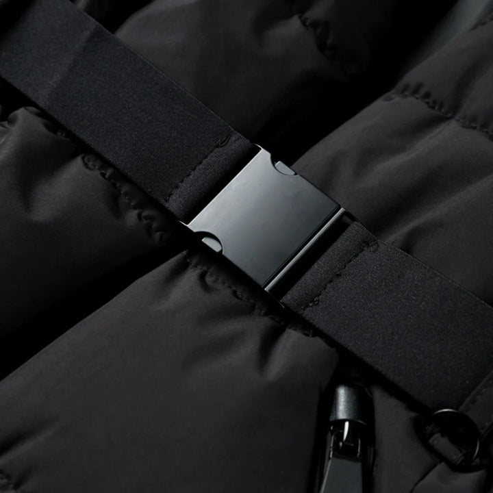 Women’s Black Waterproof Belted Puffer Jacket – High Collar Winter Coat